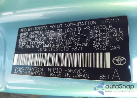 2012 Toyota Prius C One from USA, damaged, VIN JTDKDTB31C1015871